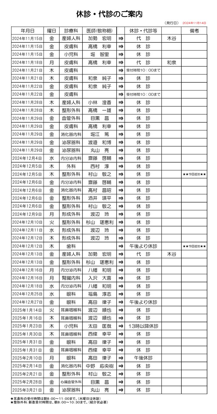 休診・代診のお知らせ画像