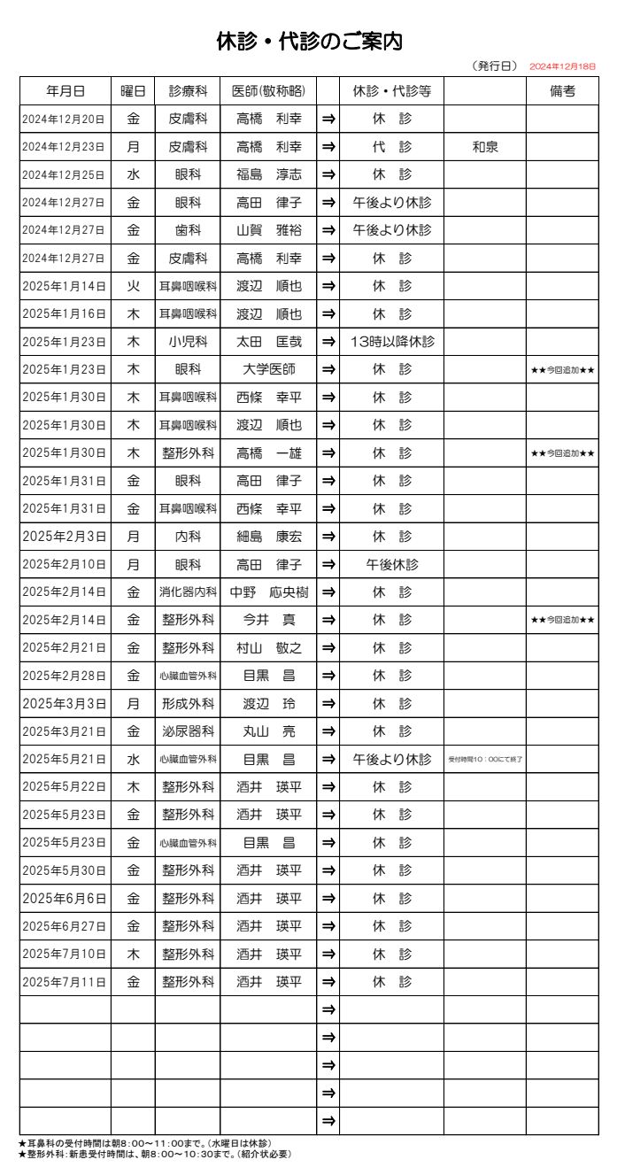 休診・代診のお知らせ画像